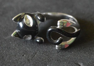 Silber Emaille Kätzchen Katze mit Edelstein Augen Umarmungsring Gr. K - Bild 1 von 7