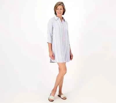 Denim & Co. Beach Button Front Shirt Dress w/ Slits Blue Hz Stripe Small A473627 - Image 1 of 2