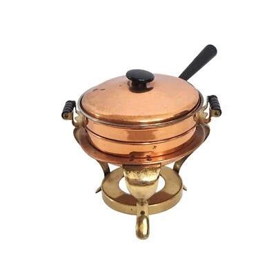 Vintage Copper Brass Chafing Dish Pan Warmer Double Broiler Handles 4 Pc Set  6" - Image 1 of 4