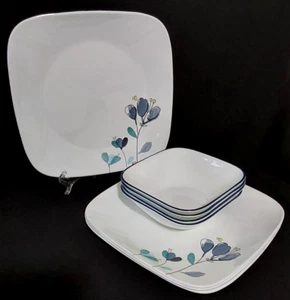 4 x CORELLE VITRELLE Square Dalena Dinner Plates & Bowls White Blue Floral - Picture 1 of 7