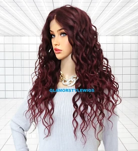 LACE FRONT FULL WIG LONG LAYERED CURLY BLACK BURGUNDY MIX HEAT OK NEW - Picture 1 of 6