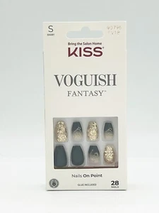 Kiss Glue-On Nails, Shiny Jet Black & Gold Glitter, Short Length 90796 - Picture 1 of 9