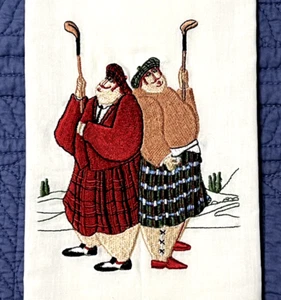 Par de toalla de golf Scottish Kilted GOLFERS bordada de barra o cocina 14"x21,5" usada en excelente estado - Imagen 1 de 7