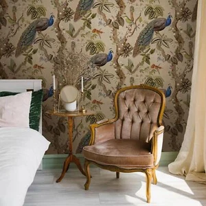 Holden Peacock Woods Tropical Floral Exotische Vögel Blumen Tapete Taupe 13680 - Bild 1 von 3