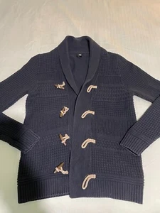 H&M Men's Shawl Collar Cardigan Navy Blue Cable Knit Toggle Cotton (Small) - Picture 1 of 5