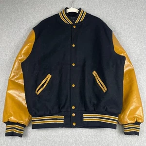 Vintage Holloway Jacket Mens XL Black Gold Wool Leather Bomber Varsity Letterman - Picture 1 of 15