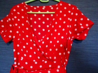 large red/white polka dot v-neck cross over wrap unlined maxi dress with belt - Image 1 of 4