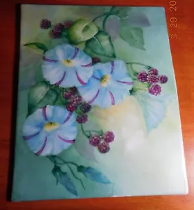 VTG Handpainted & Signed Porcelain Tile Raspberries & Morning Glories - Picture 1 of 5