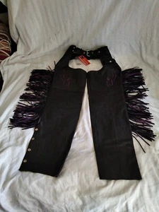 Vance Leathers EX SMALL Chaps Motorcycle Fabric Black Purple Embroidered - Picture 1 of 11