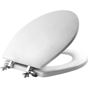 Mayfair Edgewater® Round Enameled Wood Toilet Seat in White Chrome Metal Hinge - Picture 1 of 9