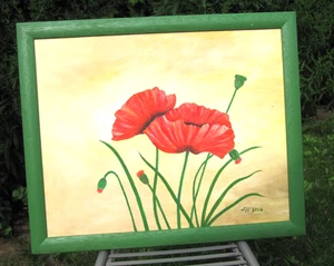 Cuadro óleo sobre lienzo amapola enmarcado verde original firmado LH 2004 - Imagen 1 de 4