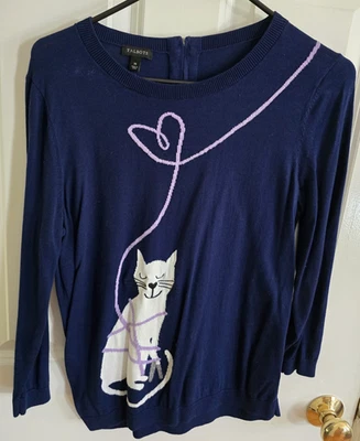 Suéter Pullover Talbots Mujer Talla M Azul Marino Blanco Gato Hilo Lavanda Foto 1 de 3
