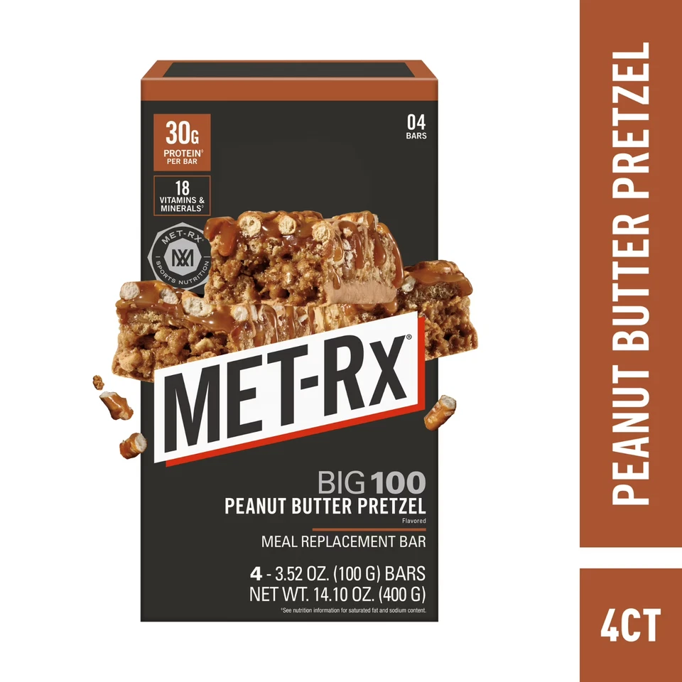 MET-Rx Big 100 Protein Bars Peanut Butter Pretzel Bars 4 Ct