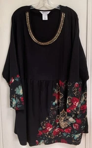 Ulla Popken Gr. 24/26 schwarz Applikation Blumen Tunika Perlen Ausschnitt Top - Bild 1 von 4