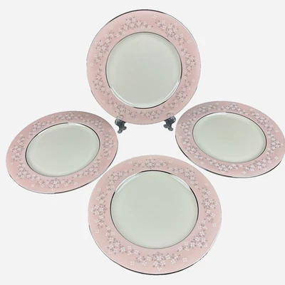 Castleton China Dinner Plates Trousseau Set Of 4 Pink Band w/ White Flowers USA - Image 1 of 4