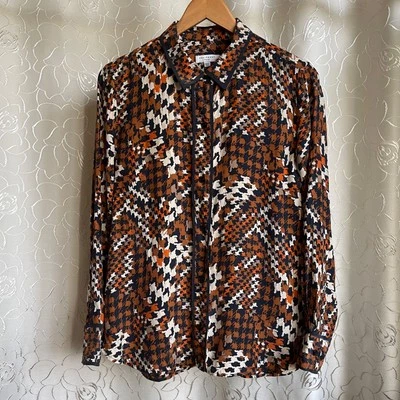 Equipment Femme 100% Silk Leema Houndstooth Crepe Shirt Rust/Navy Orange White L Foto 1 de 4