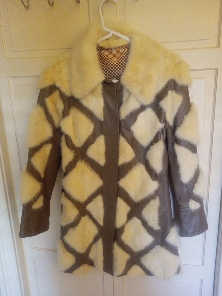Vintage Cream And Pastel Mink/Rabbit And Chocolate Leather Coat Small Stunning - Image 1 of 4