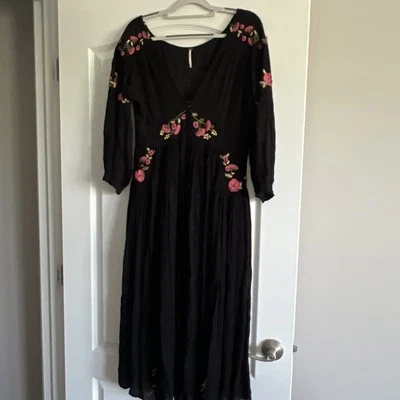 Free People Fable Embroidered Floral Black Boho V Neck Midi Dress Medium - Image 1 of 4