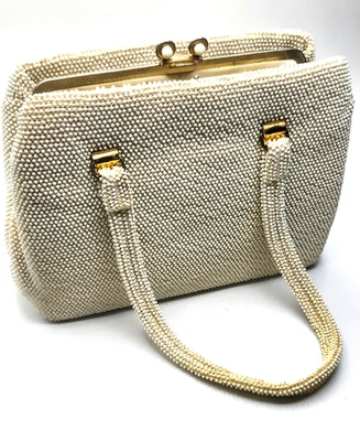 Vintage Mid Century Cream Faux Pebble Bead Handbag Purse Hidden Side Pockets - Image 1 of 4