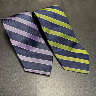 Roundtree & Yorke 海军领带紫色和绿色条纹 100% 真丝美国制造 — 第 1/4 张图片