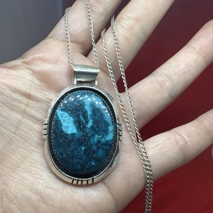 Vintage Navajo Sterling Signed B. Touchine Deep Turquoise Pendant Necklace - Picture 1 of 6