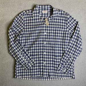 Wallace & Barnes Camp Shirt Men XL Blue Plaid Linen Blend Button Loop Collar NWT - Picture 1 of 14