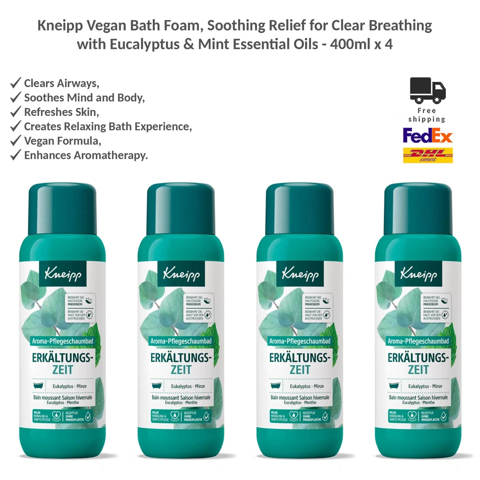 Alivio de espuma de baño vegano Kneipp para respiración clara con eucalipto y menta 4x400 ml Foto 1 de 3