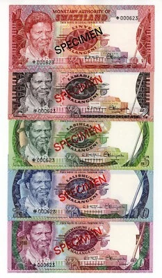 1978 Swaziland 1, 2, 5, 10 &20 Emalangeni Notes (Lot of 5) - Specimens - Image 1 of 2