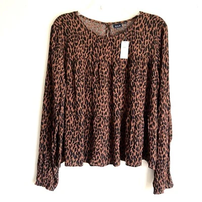 GAP Sz L Print Tiered Top Brown Animal Print Long Sleeves Cropped Blouse NWT - Image 1 of 4
