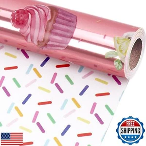 LaRibbons Cupcake Reversible Wrapping Paper Mini Roll, Sprinkle Pink Design w - Picture 1 of 5