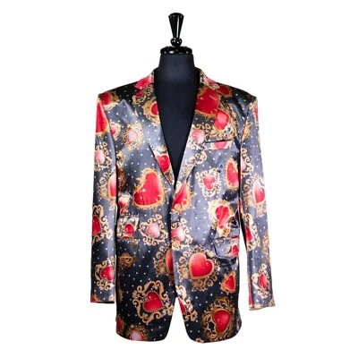 Blazer de terciopelo para hombre 42R gris rojo dorado estampado de corazón abrigo deportivo boda fiesta chaqueta Foto 1 de 4