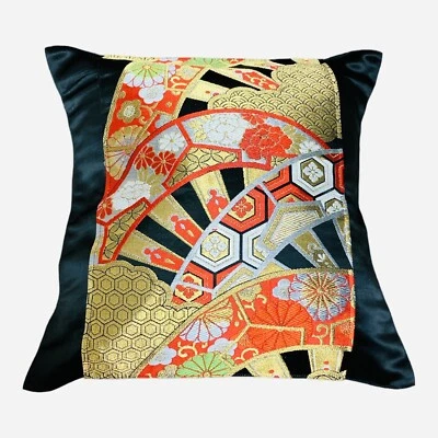 18" Glittering Japanese Kimono Obi Pillow Cover Handmade/Black/Flower  F/S 232 - Image 1 of 4