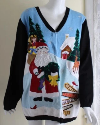 NWT Quacker Factory Sz 1x FOLK ART SANTA Original Art-to-Wear Cardigan Sweater  - Image 1 of 4