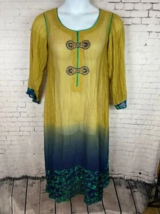 Tena Durrani Tunic Dress Women's Sheer Gauze Boho Pakistan Green Blue *flaw (A13 - Picture 1 of 12