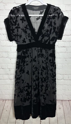 Vestido midi BCBGMaxazria preto decote em V veludo burnout sobreposição de seda transparente tamanho 2, excelente estado usado - Imagem 1 de 4