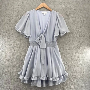 She + Sky Dress Womens Medium Blue Puff Sleeve Ruffle Smocked Cut Out Tie Front - Picture 1 of 11