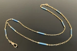14K Solid Yellow Gold Antique Watch Fob Blue Guilloche Chain 18” Long 2.5” Drop - Picture 1 of 4
