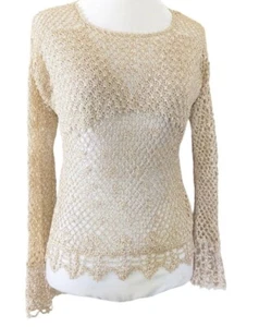 Vintage Crochet Gold Sweater Top Small Metallic Sparkling Bust Detail Boho Vtg - Picture 1 of 4