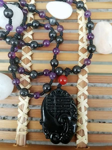 Abakus Obsidian Anhänger Halskette Bohème Amethyst schwarze Jade Achat lila Eiche - Bild 1 von 10