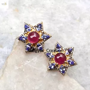 Pendientes de tachuelas de diamantes pavimentados tanzanita rubí 925 plata sólida chapados en oro joyería - Imagen 1 de 4