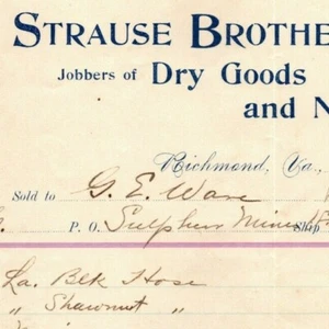 Strause Brothers Jobbers Trockenware Richmond, VA Briefkopf nach Geo. E. Wear 1899 - Bild 1 von 3