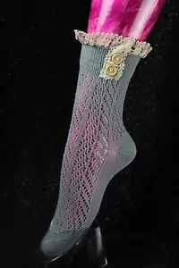 Adorable Grey with Ivory Lace Cutie Suzy Buttoned Cotton Socks - Picture 1 of 10