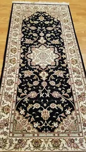 2.6 x 6 Navy & Ivory Design Wool & Silk Hand Knotted Area rug - Picture 1 of 11
