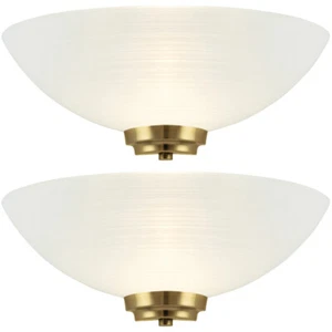 2 PACK Dimmable LED Wall Light Antique Brass White Pattern Glass Shade Dome Lamp - Picture 1 of 6