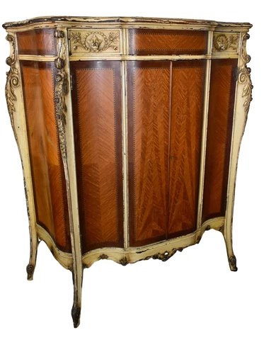 Antique Carved & Inlaid French Style Chifferobe w/Fitted Interior/Distressed Cover