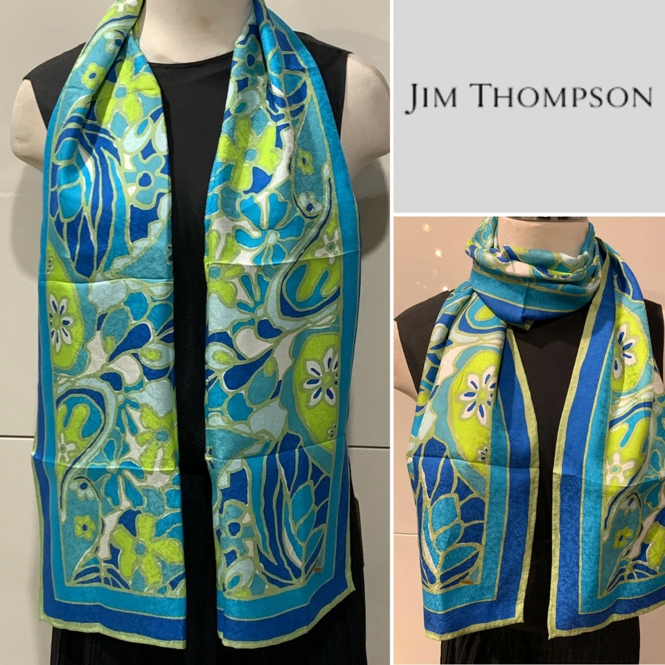 JIM THOMPSON 100% Seda Jacquard Verde, Azul Floral Bufanda 38cmx147cm Handroll Dobladillos Foto 1 de 4