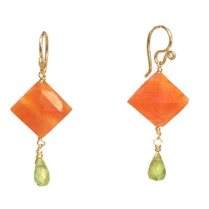 Sicily 290 ~Princess Cut Carnelian with Peridot Earrings, Metal Choice - Picture 1 of 3