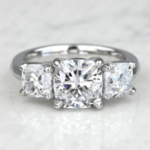 5.00 TCW Cushion Moissanite Three Stones Engagement Ring In Solid 14K White Gold - Picture 1 of 7