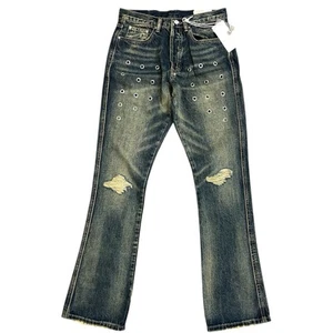 mnml B384 Metal Eyelet Grommet Yellow Washed Distressed Denim Flare Jeans sz 28 - Picture 1 of 10