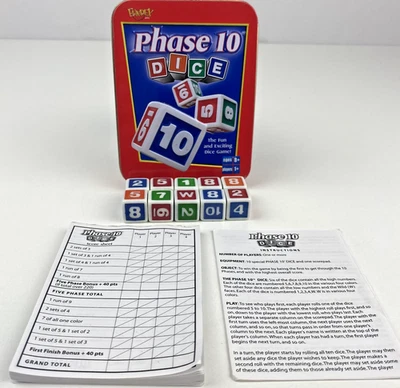 Phase 10 Dice Game Fundex 2004 Vintage In Red Tin Box Instructions Score Sheets - Image 1 of 4